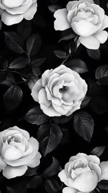 Elegant White Roses Dance in Dramatic Black and White.