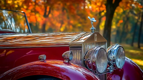 Vintage Rolls-Royce grille reflects autumn foliage in bokeh field