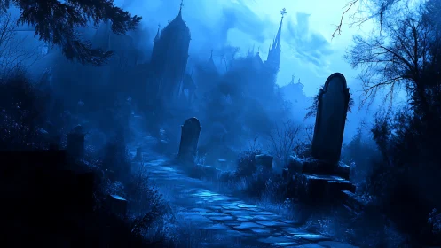 Moonlit gothic graveyard path recedes toward spectral chapel