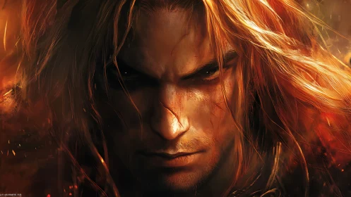 Smoldering warrior gaze within ember-scarred golden fury.