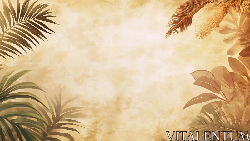 Tropical foliage border with soft gradient background and muted palette