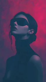 Neon-lit woman in futuristic shades gazes into shadowed distance.