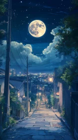 Moonlit hilltop alley dreaming above a glittering cityscape.