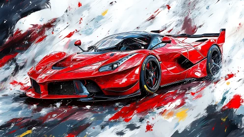 Red racing supercar in dynamic abstract paint strokes.