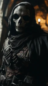 Grim reaper soldier stands in shadowed medieval corridor.