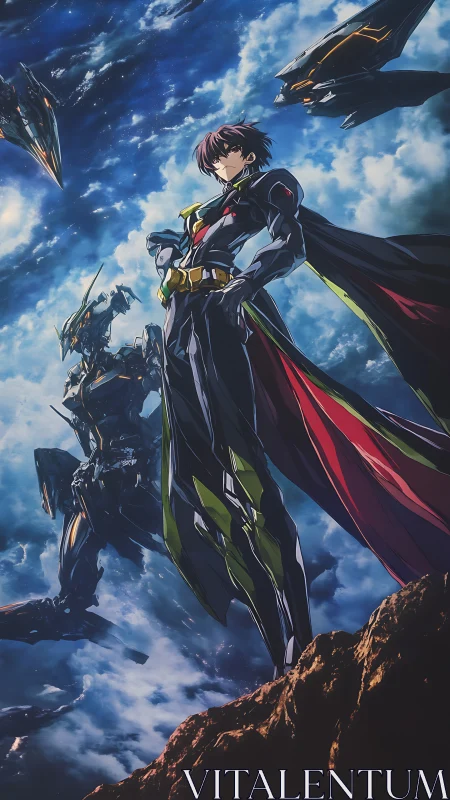 Skybound anime hero standing tall with futuristic mecha allies.