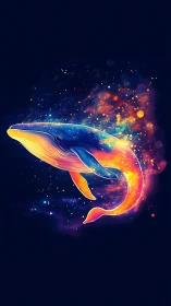 Digital illustration depicts a stylized whale in luminous colors