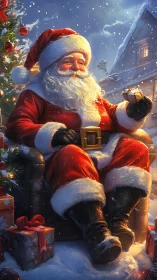 Cozy Santa resting by the tree on a snowy festive night.
