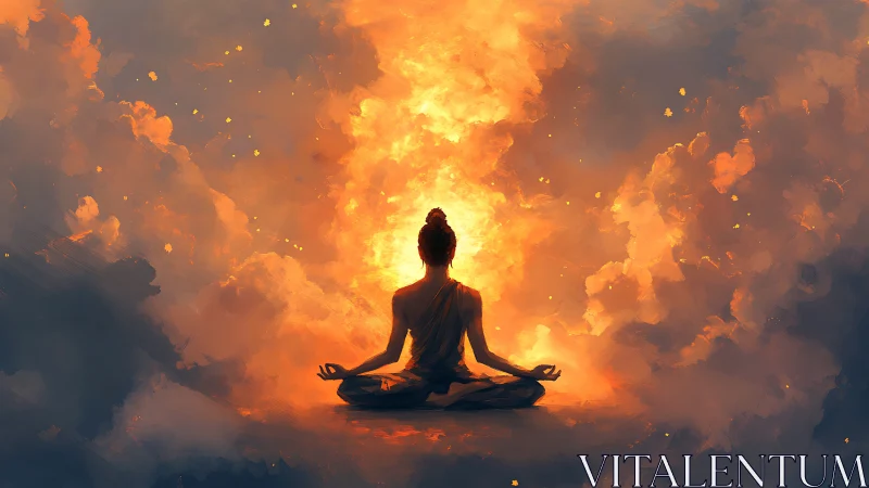 Meditating figure glows calmly before a storm of sacred fire
