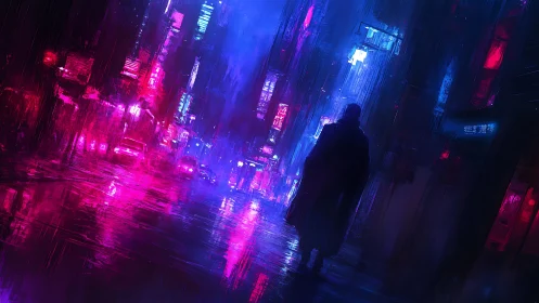 Lone figure in neon lit cyberpunk city street at night.