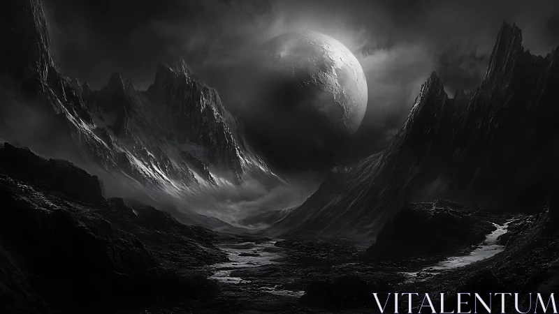 Dark alien valley under looming moonlit sky at night.