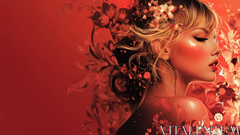 Profile portrait with floral elements on red background.