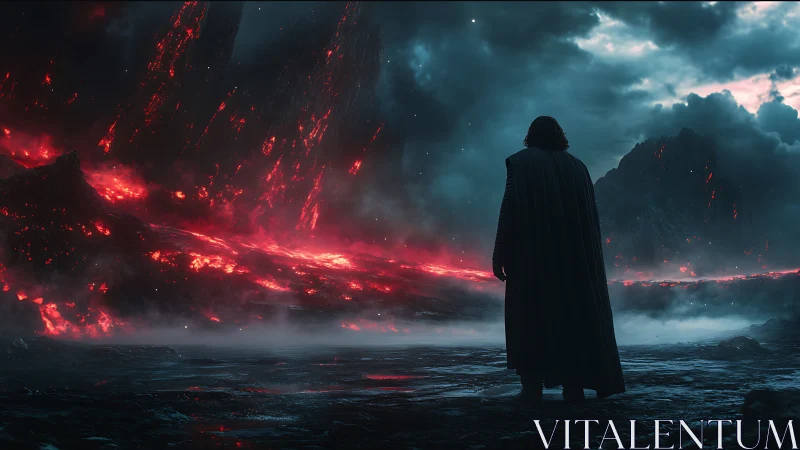 Cloaked figure observing molten lava plain under storm clouds