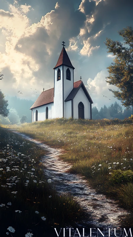 Sunlit country chapel stands serene beneath dramatic skies