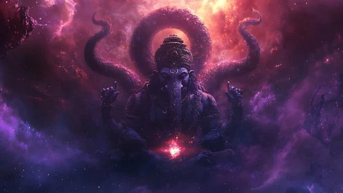 Cosmic Ganesha meditates amid nebula-twined infinity storm.