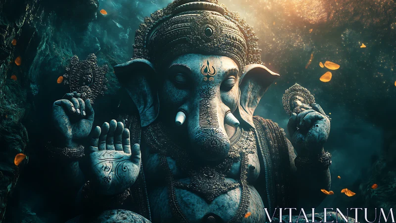 Serene elephant deity bathed in soft underwater light.