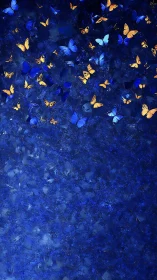 Digital painting of golden butterflies on deep cobalt field.