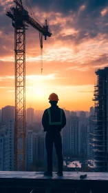 Construction worker observes urban skyline during sunset