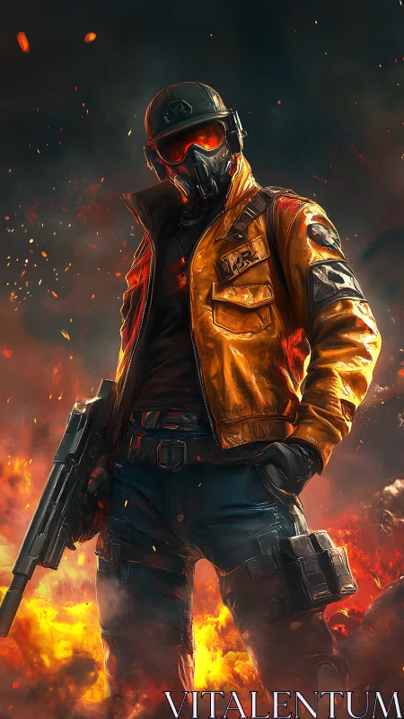 Hero in the firestorm, standing calm between sparks and smoke.