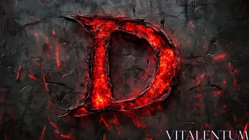 Fiery infernal letter D glows against charred stone wall.