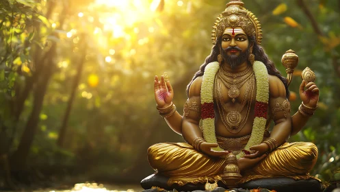 Golden deity statue resting in gentle forest sunlight.