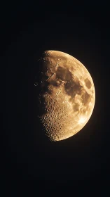 Golden half-moon glows against deep black night sky.
