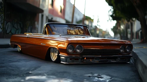 Lowrider convertible car parked on urban street at dusk.