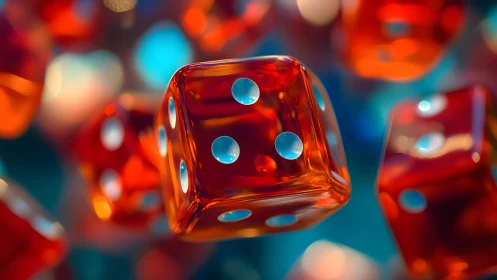 Vibrant Red Transparent Dice Floating in Bokeh Lighting, Digital Art.