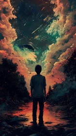 Silhouetted figure studies meteor‑lit sky over vivid creek