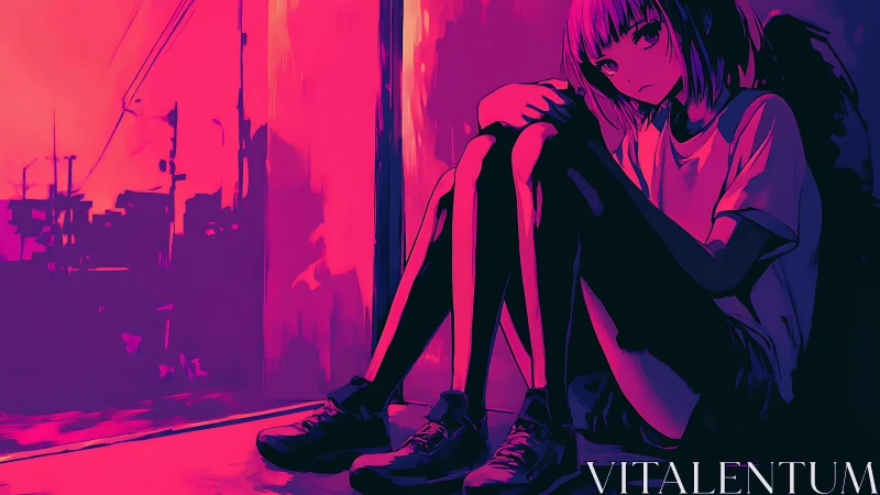 Pensive anime girl in neon pink and purple alleyway.