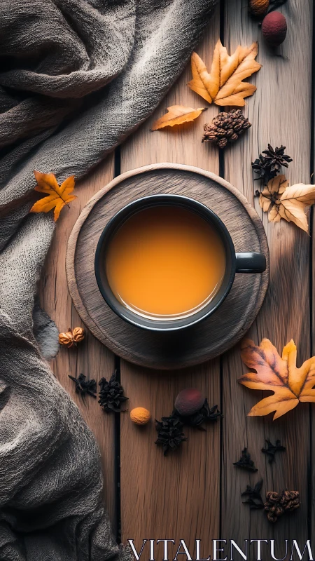 Top-down composition shows spiced autumn tea on rustic wood surface