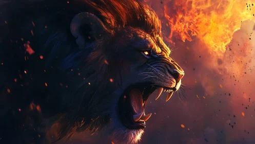 Roaring lion head rendered against intense surrounding flames