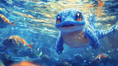 Playful blue creature swimming through glowing waters.