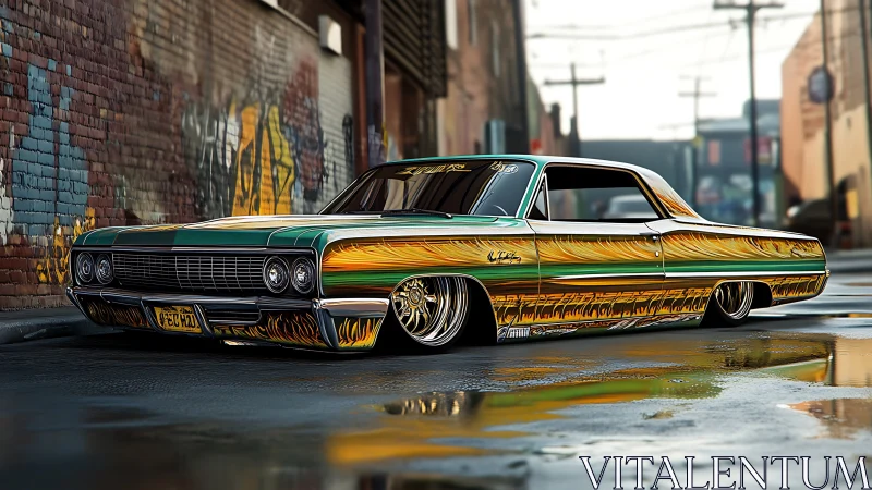 Lowrider coupe with chromatic flame livery in wet alleyway.