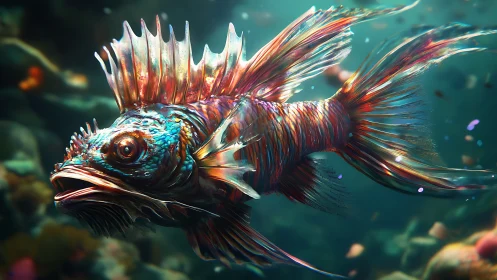 3D bioluminescent reef fish with iridescent fins in motion.