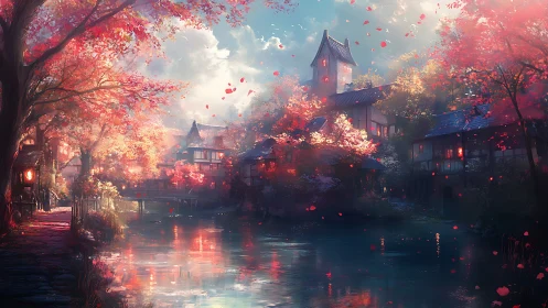 Riverside village sits under dense red autumn foliage