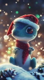 Tiny festive lizard in snow wearing red Santa hat.