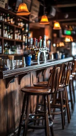 Warm wooden pub bar interior with stools and draft taps