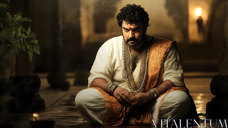 Regal mystic in golden silk resting in quiet candlelight.