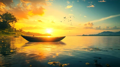 Golden sunset boat drifts across calm reflective waters.