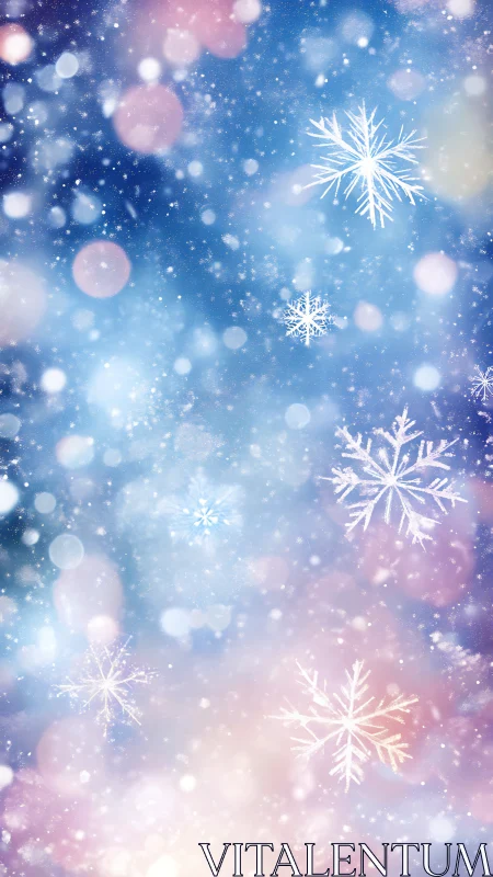 Delicate snowflakes shimmer in a dreamy winter bokeh sky