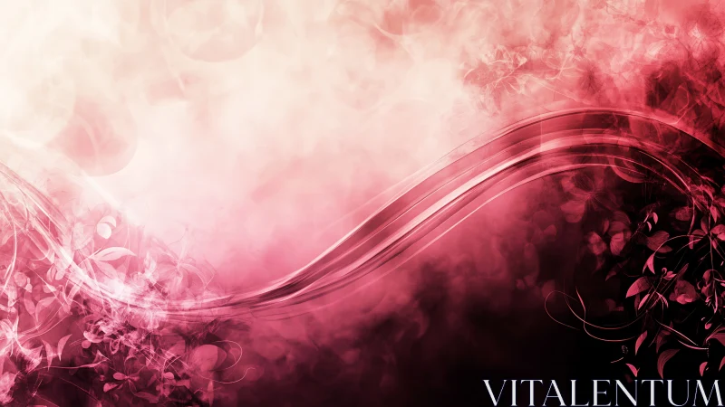 Curved translucent ribbon traverses pink smoke with floral overlays