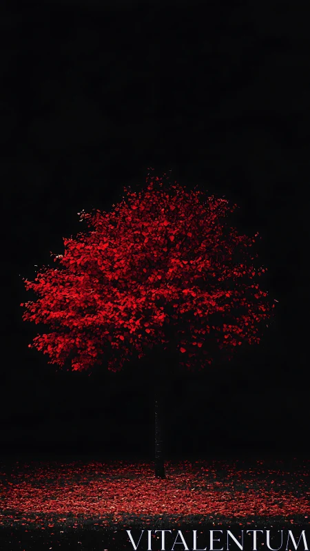 Lone crimson tree burning softly against nightfall hush.