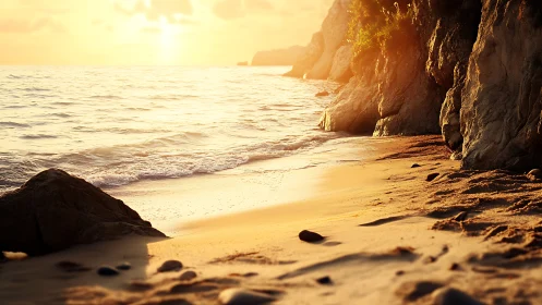 Golden shorelines and quiet waves at sunset glow.