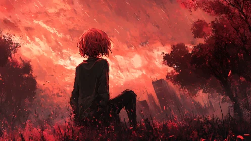 Solitary figure watches burning red city skyline at dusk.