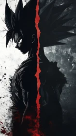 Split monochrome anime figure with central red divide.