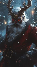 Crimson winter king stalks the forest with burning reindeer eyes
