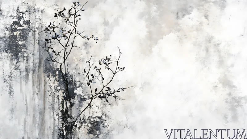 Minimalist abstract painting with delicate black branches on textured white background.