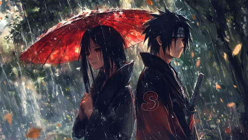 Quiet anime friends sharing a red umbrella in the rain.