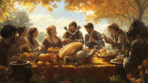 Autumn banquet with roast turkey and medieval costumed friends